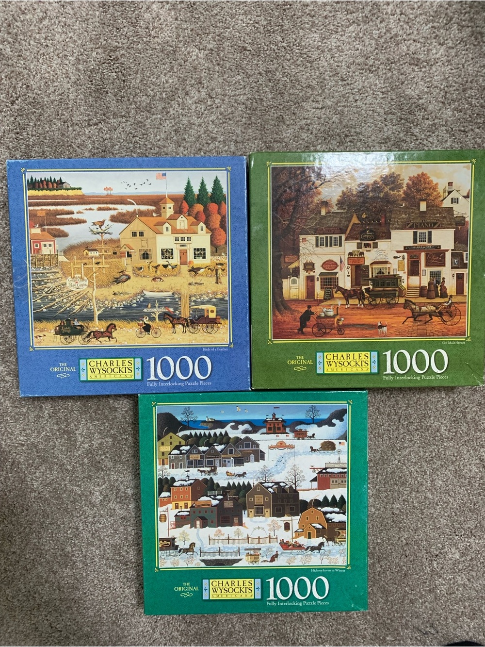 Lot 3 Vtg Wysocki Americana 1000 Pc Puzzles Hickoryhaven-Birds Feather-Main St